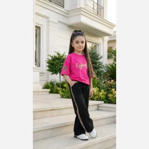 ست بلوز و شلوار دخترانه طرح Enjoy جنس پنبه لاکرادار و گلکسی سایز 45 تا 65