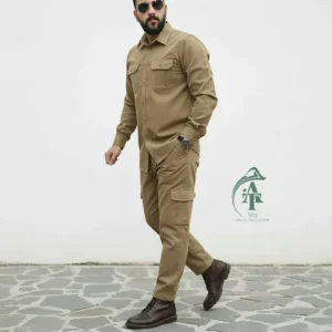 ست پیراهن و شلوار کتان مردانه مدل یاشیل رنگ خاکی